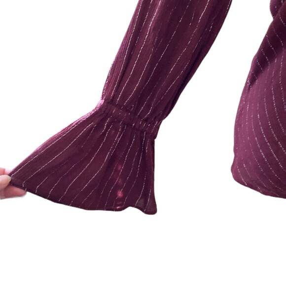 Juicy Couture Tie Front Faux Wrap Top Small Bell Sleeves Wine Matallic Holiday - Picture 3 of 12
